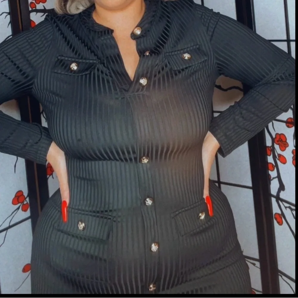 Black Button Down Midi Dress with Gold Button Long Sleeve Work to Evening Dress - Picture 3 of 6